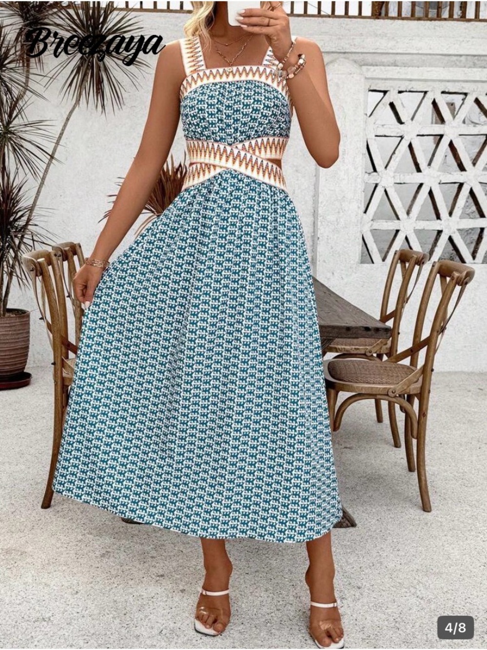 Teal Patterned Cutout Midi Dress